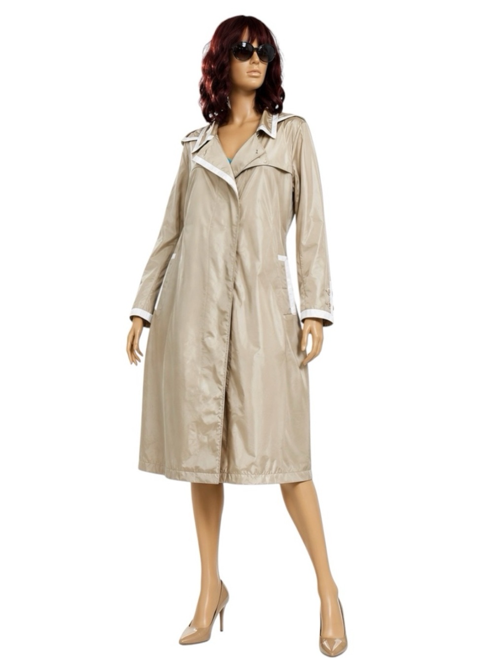 Gallery Champagne Hooded Belted Long Trench Rain Coat with White Trim Size 24